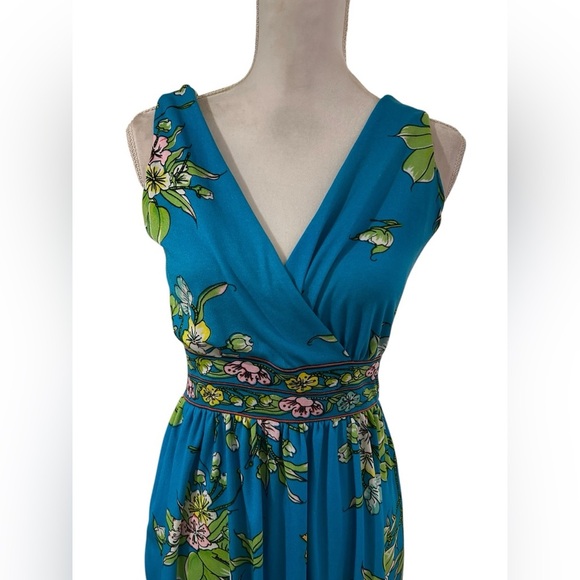 Vintage 60s bohemian Floral Blue sleeveless Maxi Dress Size 6 fit - Picture 2 of 7